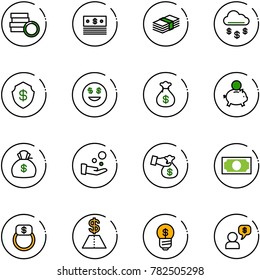 line vector icon set - coin vector, dollar, money rain, safe, smile, bag, piggy bank, cash pay, encashment, finger ring, business idea, dialog