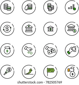 line vector icon set - coin vector, dollar exchange, bank, account, money bag, investment, cash pay, torch, growth arrow, ipo, rich
