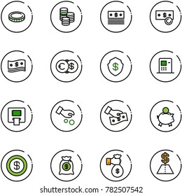 line vector icon set - coin vector, dollar, cash, euro, safe, atm, investment, pay, piggy bank, money bag, rich