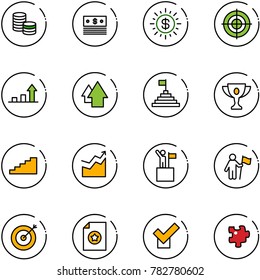 line vector icon set - coin vector, dollar, sun, target, growth arrow, up, pyramid flag, gold cup, stairs, win, certificate, check, puzzle