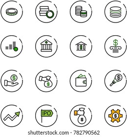 line vector icon set - coin vector, bank, investment, encashment, wallet, money torch, growth arrow, ipo, rich, managemet