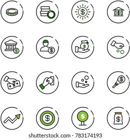 line vector icon set - coin vector, dollar sun, bank, account, investment, cash pay, money torch, growth arrow, tree, bag