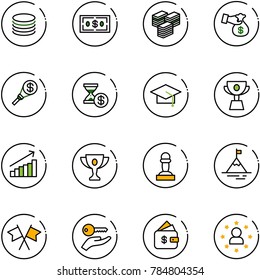 line vector icon set - coin vector, dollar, big cash, encashment, money torch, account history, graduate hat, cup, growth, gold, pawn, mountain, flags cross, key hand, finance management, star man