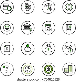 line vector icon set - coin vector, insurance, dollar sun, smile, account, atm, statement, piggy bank, money bag, encashment, history, building