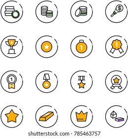 line vector icon set - coin vector, money torch, win cup, star medal, gold, crown, constructor blocks