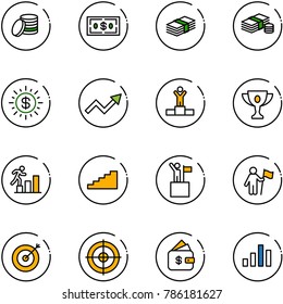 line vector icon set - coin vector, dollar, cash, sun, growth arrow, winner, gold cup, career, stairs, win, target, finance management, chart