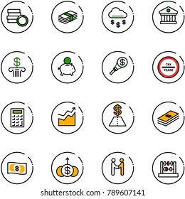 line vector icon set - coin vector, dollar, money rain, bank, piggy, torch, tax peage road sign, calculator, growth, agreement, abacus