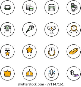 line vector icon set - coin vector, money chest, torch, gold cup, medal, star, finger ring, crown, casting of steel, constructor blocks