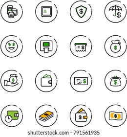 line vector icon set - coin vector, safe, insurance, dollar smile, atm, receipt, money bag, investment, wallet, check, purse, time, finance management