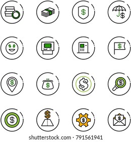 line vector icon set - coin vector, dollar, safe, insurance, smile, atm, flag, pin, purse, search money, managemet, mail