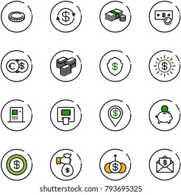 line vector icon set - coin vector, dollar exchange, cash, euro, big, safe, sun, atm, pin, piggy bank, rich, growth, mail