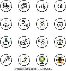 line vector icon set - coin vector, bank, account, money bag, piggy, investment, encashment, purse, torch, growth arrow, tree, managemet