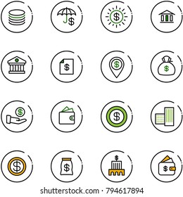 line vector icon set - coin vector, insurance, dollar sun, bank, account statement, pin, money bag, investment, wallet, building, finance management