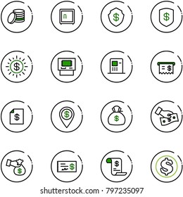 line vector icon set - coin vector, safe, dollar sun, atm, receipt, account statement, pin, money bag, cash pay, encashment, check, history