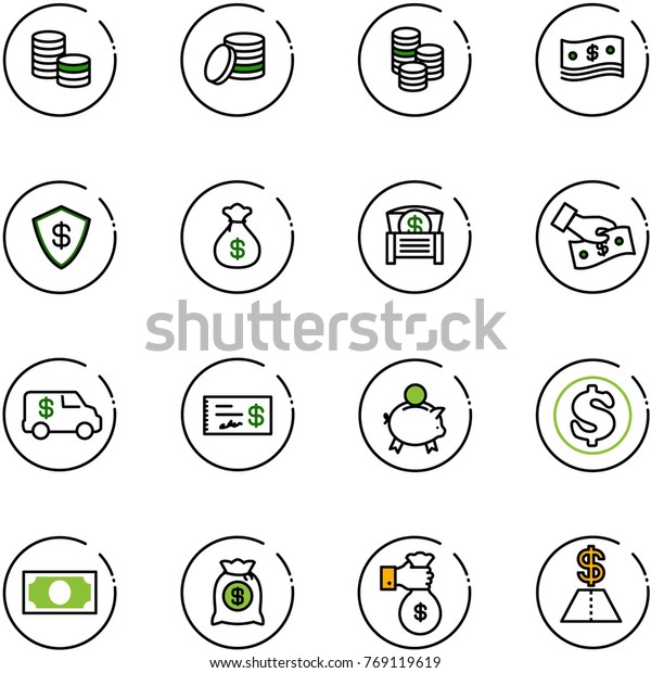 line\
vector icon set - coin vector, cash, safe, money bag, chest, pay,\
encashment car, check, piggy bank, dollar,\
rich