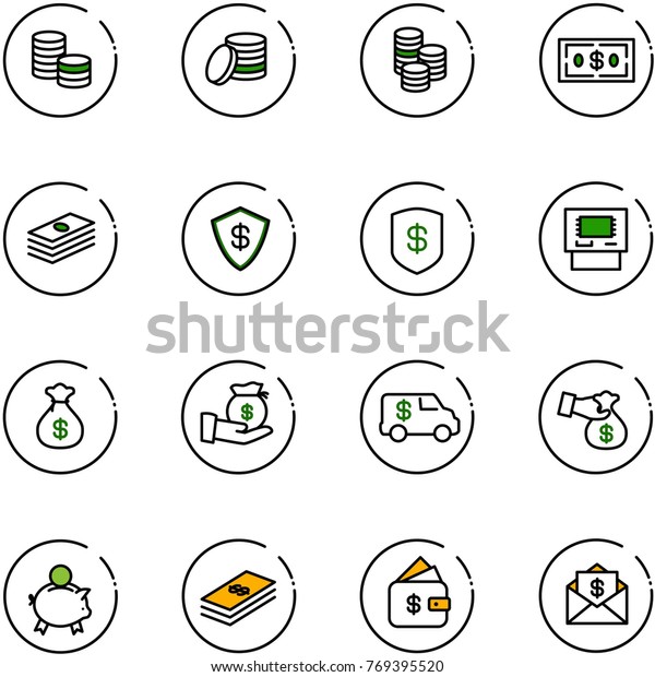 line vector icon set - coin vector, dollar, safe,\
atm, money bag, investment, encashment car, piggy bank, finance\
management, mail