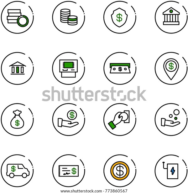 line vector icon set - coin vector, safe, bank,\
atm, cash, dollar pin, money bag, investment, pay, encashment car,\
check, power
