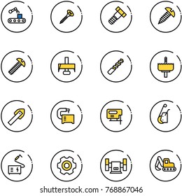 line vector icon set - conveyor vector, screw, bolt, milling cutter, drill, crown, tile, machine tool, jig saw, winch, welding, gear, sharpening, excavator toy
