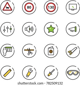 line vector icon set - cow vector road sign, speed limit 80, 130, monitor cursor, settings, volume max, star, speaker horn, presentation, opening, passport, saw, ruler, wrench, clinch