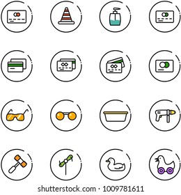 line vector icon set - credit card vector, road cone, liquid soap, sunglasses, basin, drill machine, toy hammer, windmill, duck