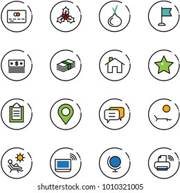 line vector icon set - credit card vector, holly, onion, flag, dollar, home, star, clipboard, map pin, dialog, lounger, beach, notebook wi fi, globe, printer wireless