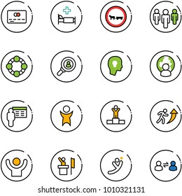 line vector icon set - credit card vector, hospital bed, no cart horse road sign, group, friends, head hunter, bulb, man globe, presentation, success, winner, career, speaker, flying