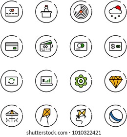 line vector icon set - credit card vector, recieptionist, radar, snowfall, exchange, account statistics, gear, diamond, outdoor cafe, kite, ball