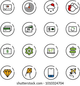 line vector icon set - credit card vector, radar, snowfall, gloves, exchange, money case, gear, statistics monitor, signpost, diamond, kite, mobile phone