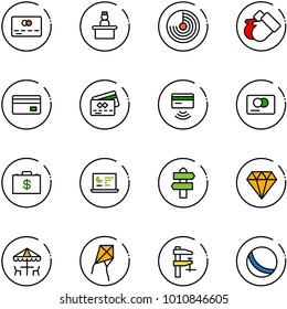 line vector icon set - credit card vector, recieptionist, radar, gloves, tap pay, money case, statistics monitor, signpost, diamond, outdoor cafe, kite, clamp, ball