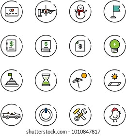 Line Vector Icon Set - Credit Card Vector, Boarding Passengers, Snowman, Flag, Annual Report, Account Statement, Idea, Pyramid, Sand Clock, Beach, Mat, Cabrio, Standby Button, Wrench Hammer