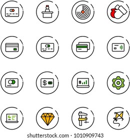 line vector icon set - credit card vector, recieptionist, radar, gloves, tap pay, account statistics, gear, monitor, diamond, clamp, kite