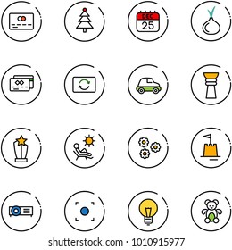 line vector icon set - credit card vector, christmas tree, 25 dec calendar, onion, exchange, car, award, beach, flower, sand castle, projector, record button, bulb, bear toy
