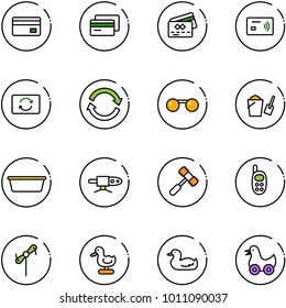 line vector icon set - credit card vector, tap pay, exchange, refresh, sunglasses, bucket scoop, basin, pipe welding, toy hammer, phone, windmill, duck