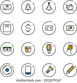 line vector icon set - credit card vector, christmas tree, turkey, floor scales, dollar sign, tap pay, cash, flip flops, air balloon, kite, cd, mobile phone, bolt, pencil