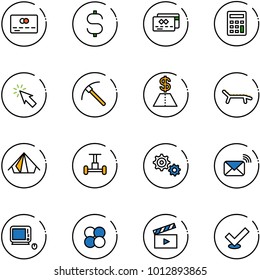 line vector icon set - credit card vector, dollar sign, calculator, cursor, rock axe, lounger, tent, gyroscope, gear, wireless mail, monoblock pc, atom core, movie flap, check