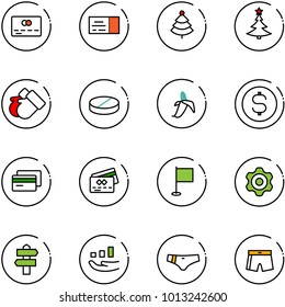 line vector icon set - credit card vector, ticket, christmas tree, gloves, pill, banana, dollar coin, flag, gear, signpost, growth, swimsuit