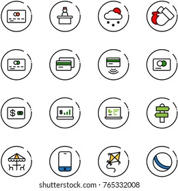 line vector icon set - credit card vector, recieptionist, snowfall, gloves, tap pay, account statistics, monitor, signpost, outdoor cafe, mobile phone, kite, ball