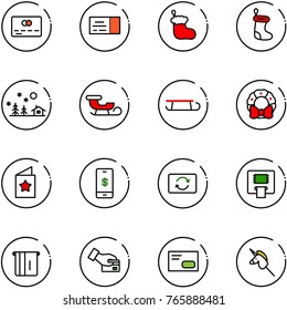 line vector icon set - credit card vector, ticket, christmas sock, landscape, sleigh, wreath, star postcard, mobile payment, exchange, atm, pay, envelope, toy unicorn stick