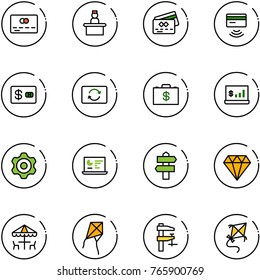 line vector icon set - credit card vector, recieptionist, tap pay, exchange, money case, account statistics, gear, monitor, signpost, diamond, outdoor cafe, kite, clamp
