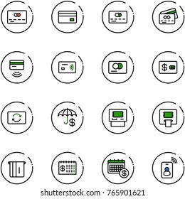 line vector icon set - credit card vector, tap pay, exchange, insurance, atm, finance calendar, identity