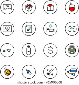 line vector icon set - credit card vector, gift, christmas glove, first aid kit, patient, hospital bed, kidneys, push ups, milk, dollar sign, printer, moon flag, cursor, plane, water gun