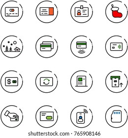 line vector icon set - credit card vector, ticket, identity, christmas sock, landscape, tap pay, exchange, atm, envelope, micro flash