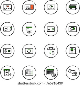 line vector icon set - credit card vector, ticket, tap pay, exchange, insurance, atm, finance calendar