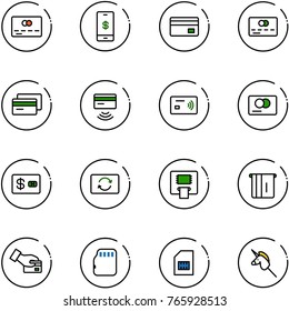 line vector icon set - credit card vector, mobile payment, tap pay, exchange, atm, micro flash, sim, toy unicorn stick