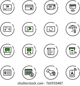line vector icon set - credit card vector, tap pay, exchange, insurance, atm, finance calendar, identity