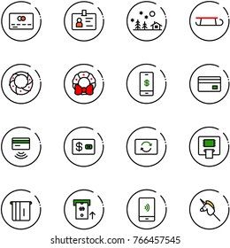 line vector icon set - credit card vector, identity, christmas landscape, sleigh, wreath, mobile payment, tap pay, exchange, atm, toy unicorn stick