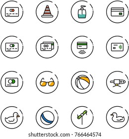 line vector icon set - credit card vector, road cone, liquid soap, tap pay, sunglasses, ball, pipe welding, duck toy, windmill