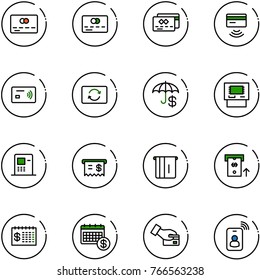 line vector icon set - credit card vector, tap pay, exchange, atm, receipt, finance calendar, identity