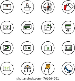 line vector icon set - credit card vector, recieptionist, radar, gloves, tap pay, money case, account statistics, monitor, outdoor cafe, kite, ball