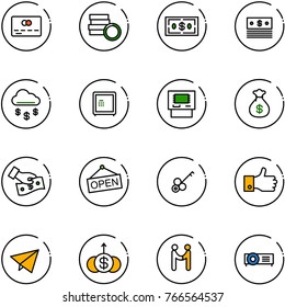 line vector icon set - credit card vector, coin, dollar, money rain, safe, atm, bag, cash pay, open, key, finger up, paper fly, growth, agreement, projector